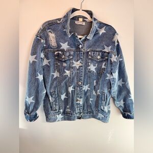 KellParker Womens Distressed Star Blue Denim women Button Jean Jacket size Small